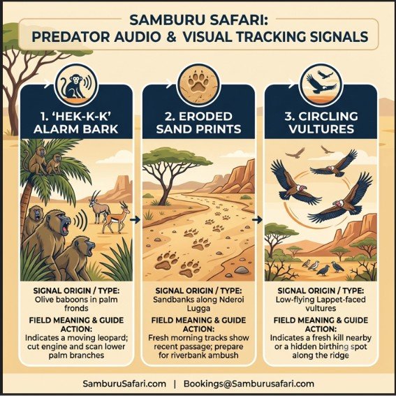 Infographic on Samburu tracking signals: baboon alarm barks, sand prints, and circling vultures indicating predator activity.