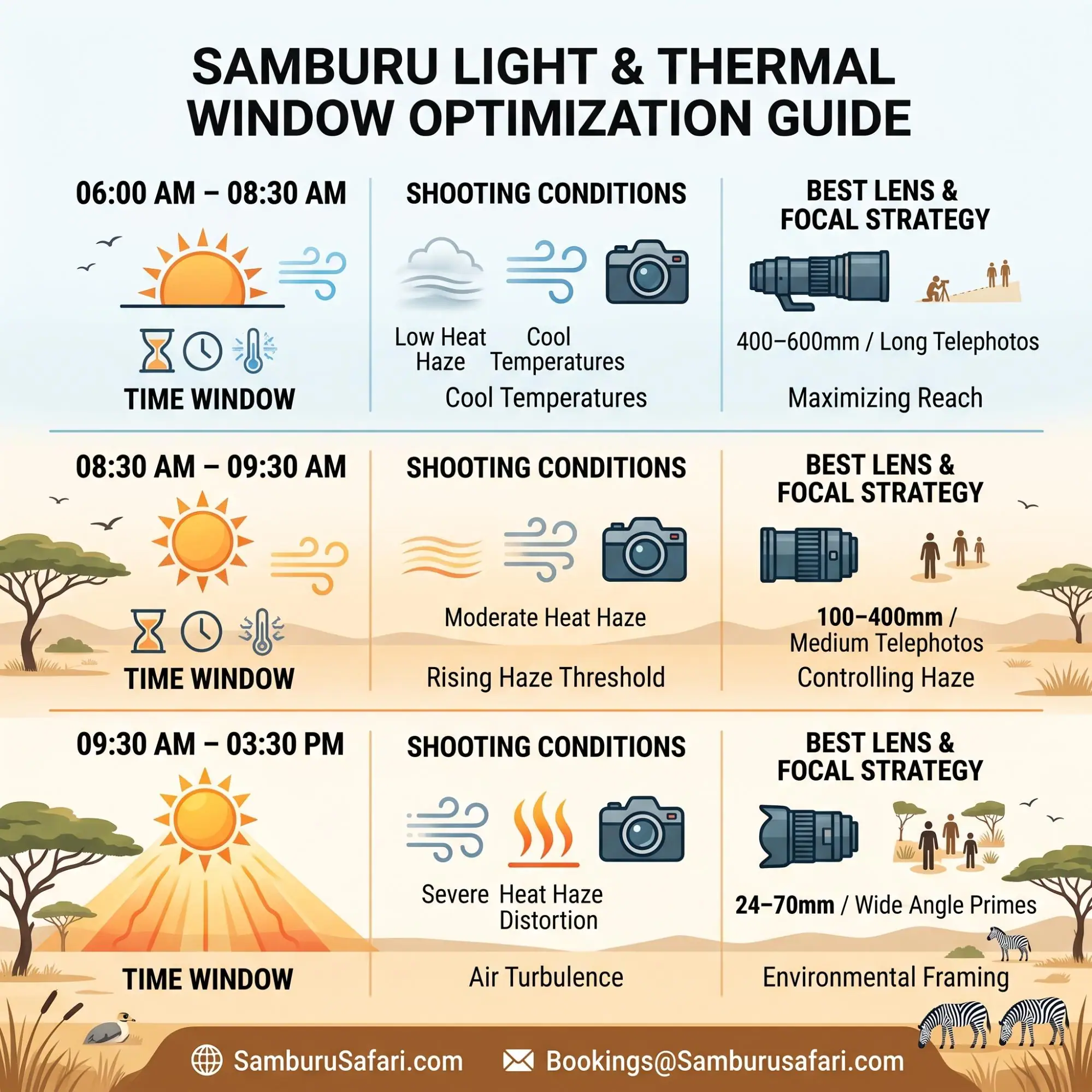 Infographic matrix matching Samburu time slots with heat haze conditions and optimal lens focal length recommendations.