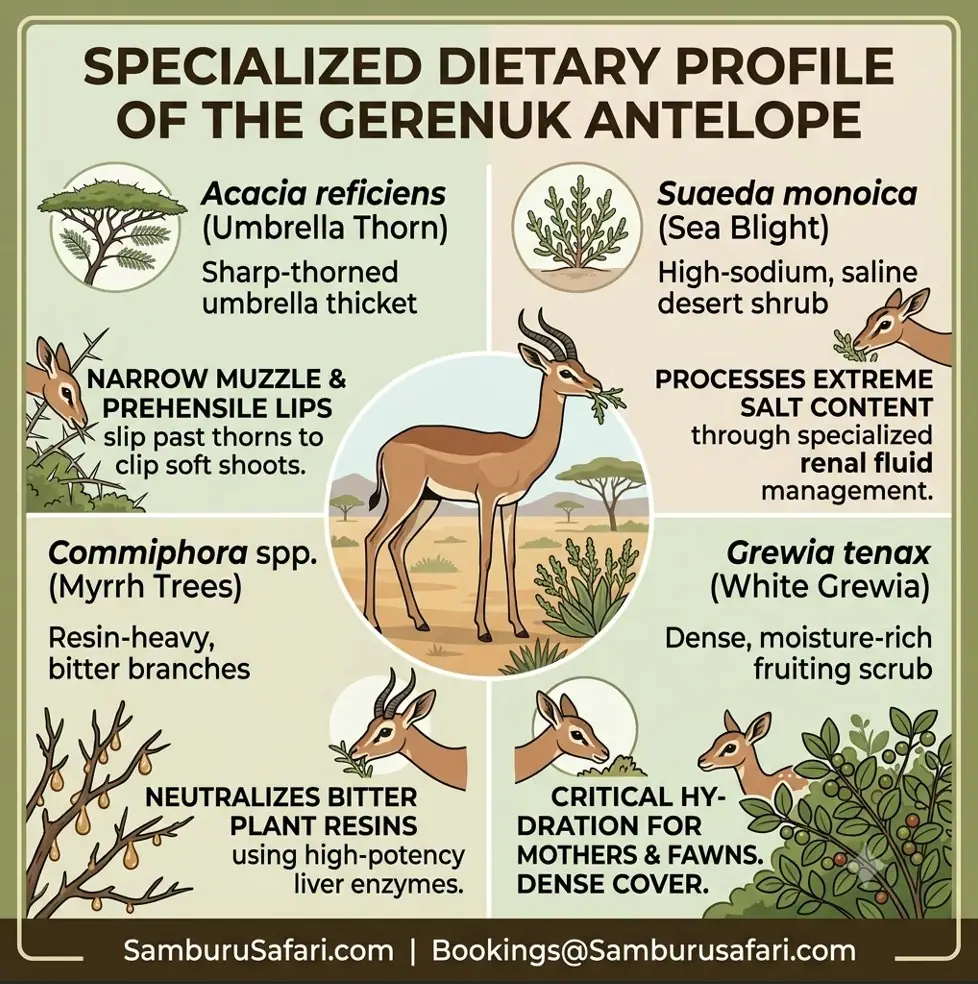 Infographic illustrating the specialized diet of the Gerenuk antelope, showing adaptations for eating Acacia, Suaeda monoica, Commiphora, and Grewia tenax in Samburu.