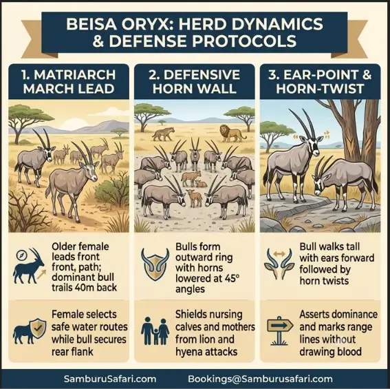 Infographic on Beisa oryx herd dynamics: matriarch march order, defensive horn wall, and dominant ear-point displays.