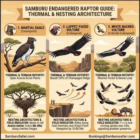 Guide to endangered Samburu raptors, highlighting Martial Eagle, Lappet-faced Vulture, and White-backed Vulture habitats and behaviors.