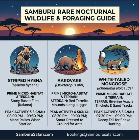 Infographic guide to tracking rare Samburu nocturnal wildlife, including striped hyena, aardvark, and white-tailed mongoose.
