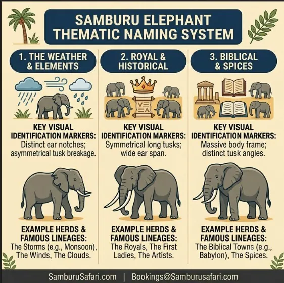Infographic detailing Save the Elephants' thematic naming system, identification markers, and family lineages for Samburu herds.