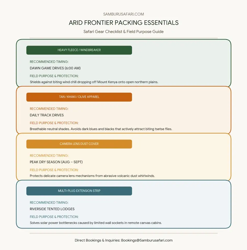Infographic detailing essential safari packing items, timing recommendations, and field protection purposes for Samburu.