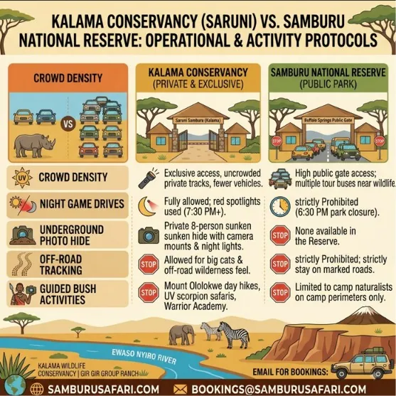 Infographic comparing night drives, photo hides, and rules between Kalama Conservancy and Samburu Reserve.