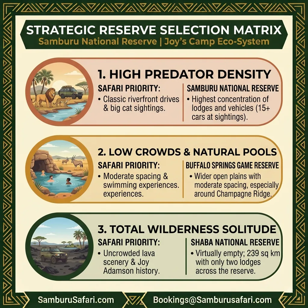 Square infographic comparing Samburu, Buffalo Springs, and Shaba reserves by predator density, crowd levels, and safari priorities.