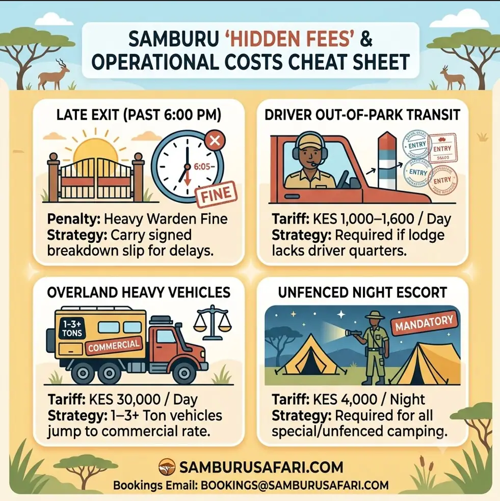 An infographic summarizing four common hidden fees and operational costs at Samburu National Reserve: Late Exit Fines, Driver Out-of-Park Transit Fees, Overland Heavy Vehicle Surcharges, and Unfenced Night Escort Fees, marked by SamburuSafari.com.