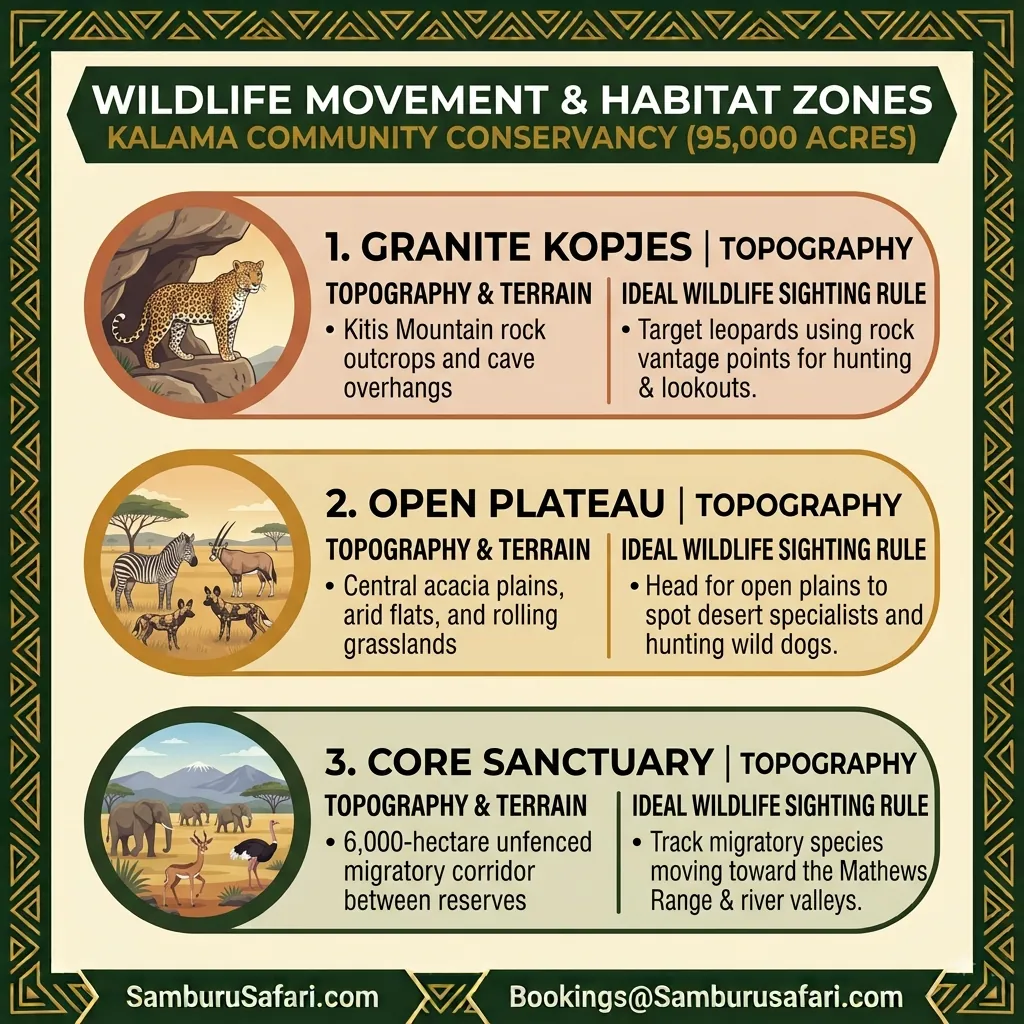 Square infographic detailing granite kopjes, open plateau, and core sanctuary wildlife zones across Kalama Conservancy's 95,000 acres.
