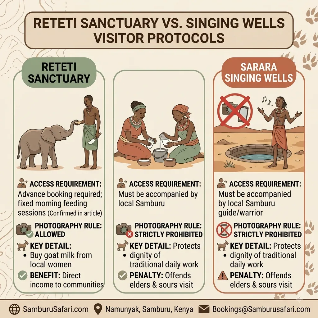 Visitor protocol infographic comparing photo rules and access requirements for Reteti Sanctuary and Sarara Singing Wells in Namunyak.