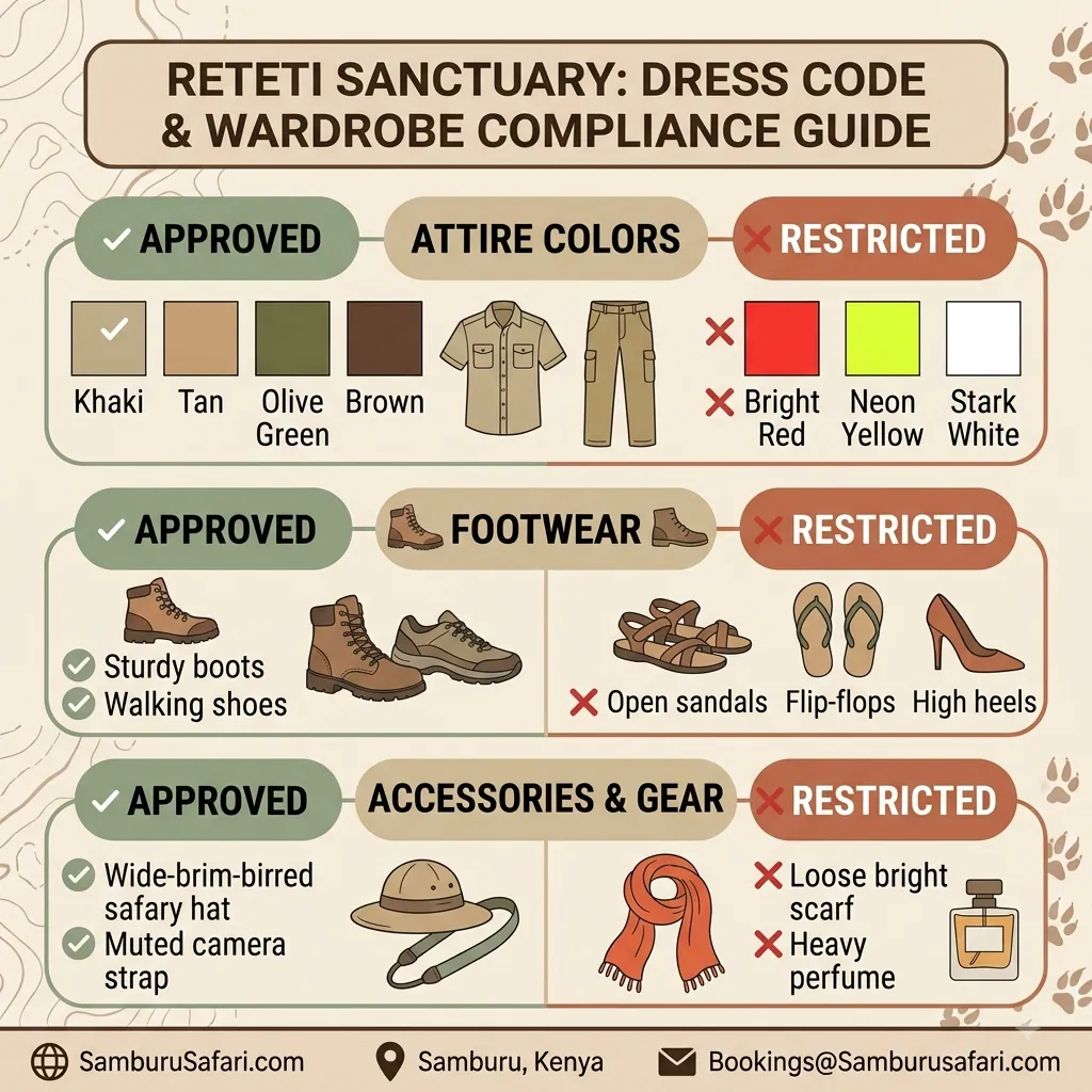 Infographic outlining approved earth tones and restricted colors, footwear, and accessories for visiting Reteti Elephant Sanctuary.