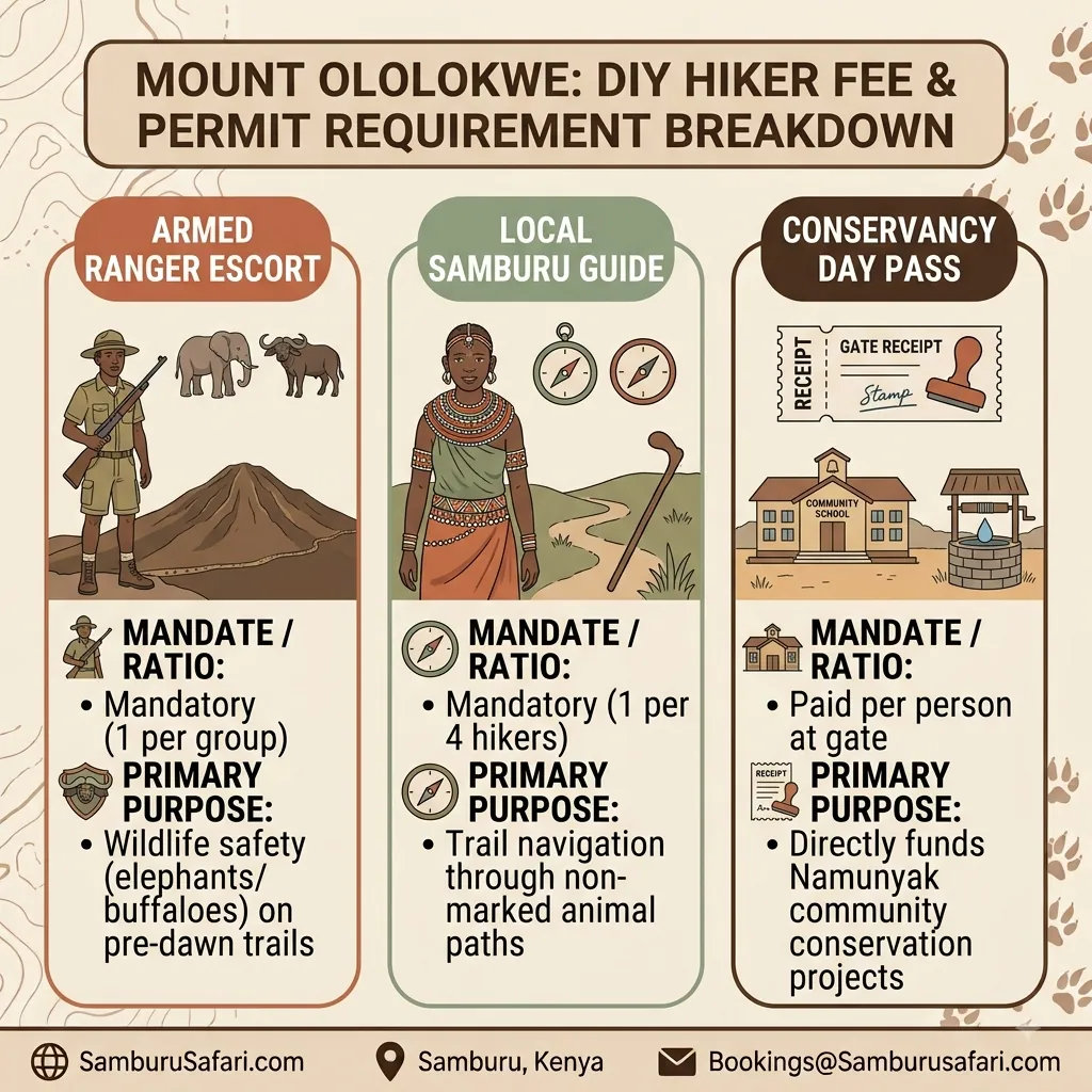 Infographic detailing mandatory armed ranger escorts, local guide ratios, and conservancy day passes for Mount Ololokwe hikers.