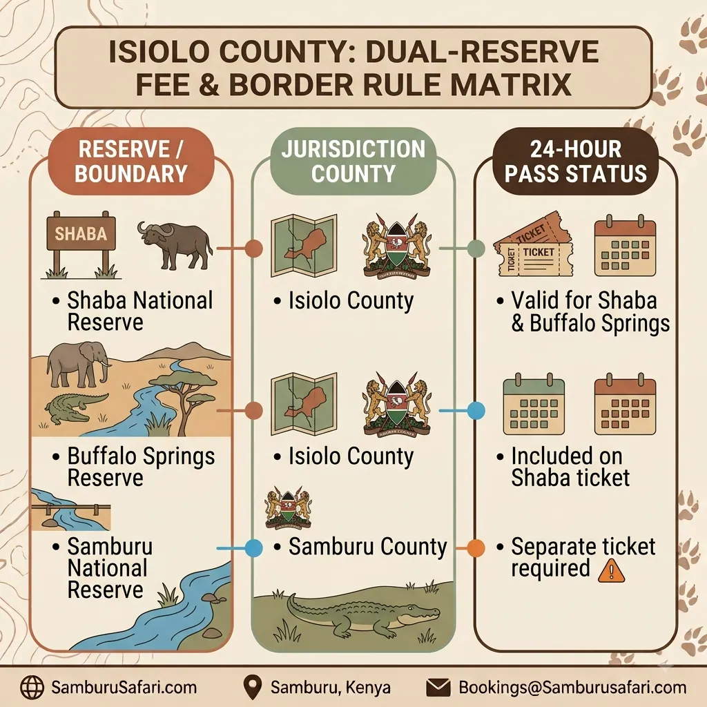Infographic clarifying Isiolo County dual-reserve pass rules for Shaba, Buffalo Springs, and Samburu National Reserves.