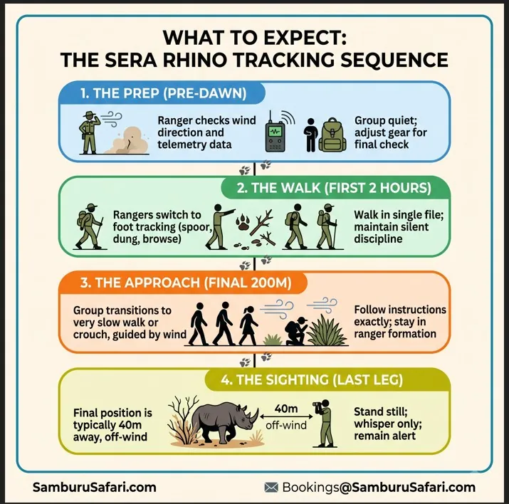 Infographic illustrating the four stages of Sera rhino tracking: preparation, walking, approaching, and the final sighting on foot.