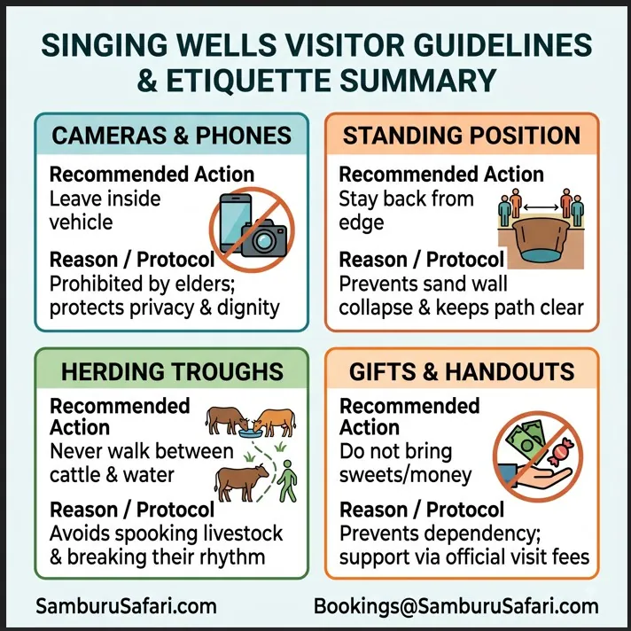 Infographic summarizing visitor etiquette and rules for photography at Samburu Singing Wells in Kenya.