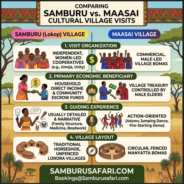 A square infographic comparing four key differences between visiting Samburu and Maasai cultural villages.