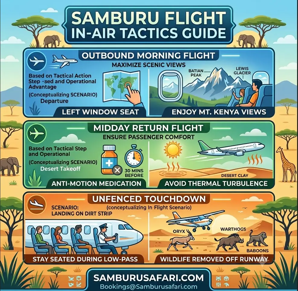A square infographic titled 'SAMBURU FLIGHT IN-AIR TACTICS GUIDE' outlining three safari flight tips: choosing a left-side window seat for Mount Kenya views, taking motion medication for midday turbulence, and staying seated during runway wildlife clearing passes, marked by SamburuSafari.com.