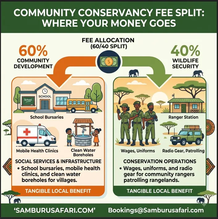 Infographic showing the 60/40 fee split: 60% for community development, 40% for wildlife security.