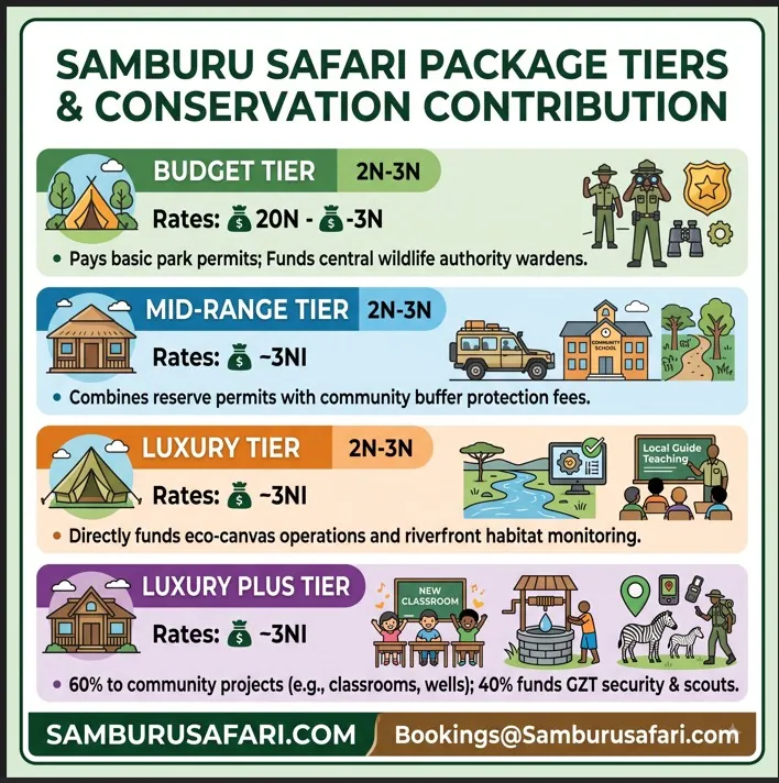 Infographic comparing Samburu safari tiers, rates, and direct conservation contributions to Grevy's zebra protection and communities.