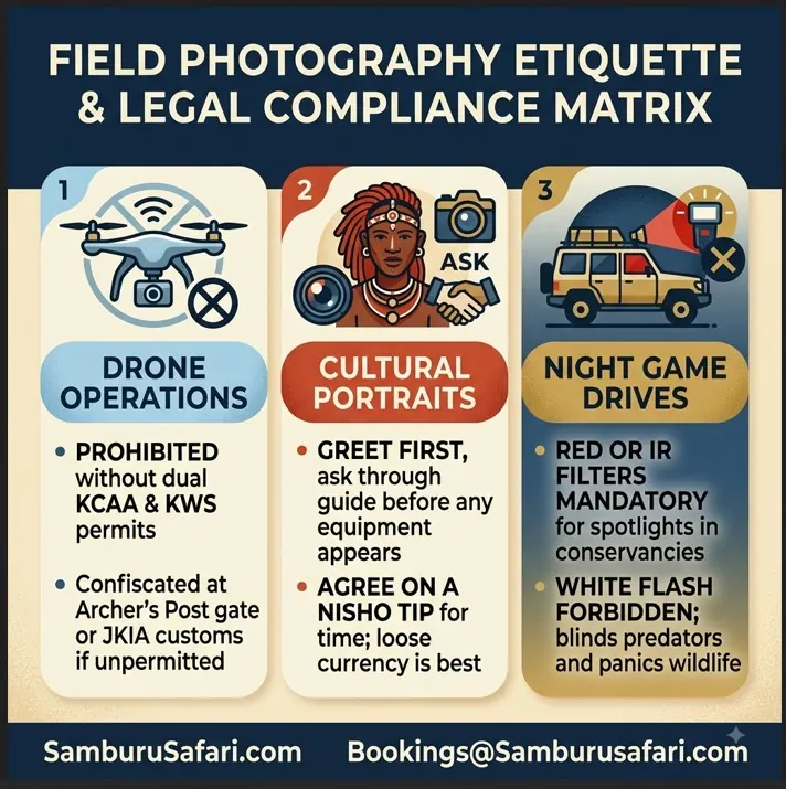 Infographic summary of key photography ethics in Samburu, covering drone rules, cultural respect, and night drive etiquette.