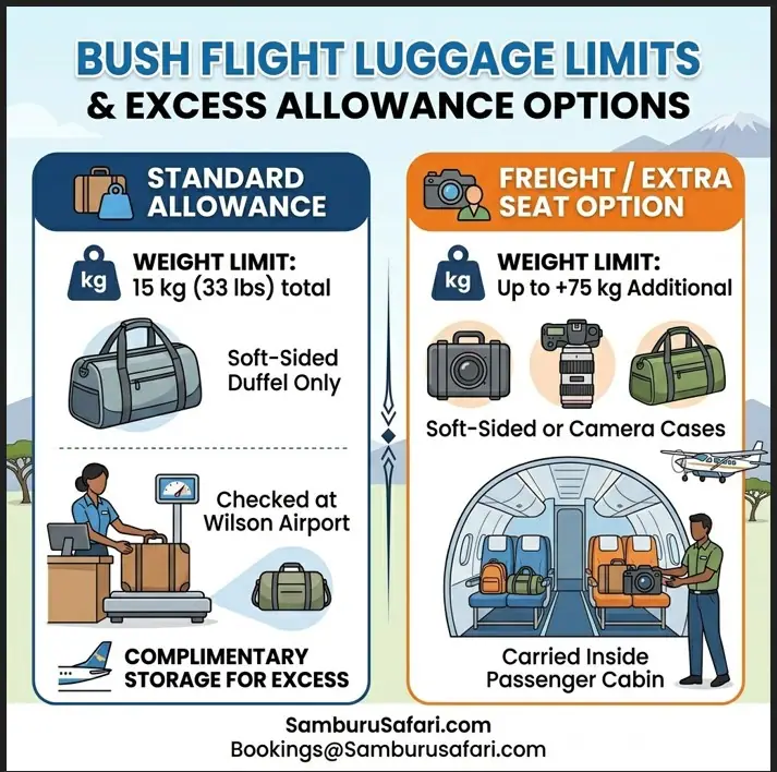 Infographic comparing standard 15 kg baggage limits and soft duffel rules with extra freight seat options for flights.