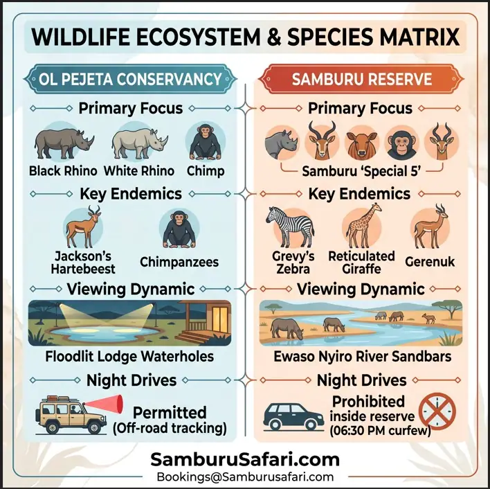 Infographic comparing the focus, key endemic species, viewing dynamics, and night drive rules of Ol Pejeta and Samburu.