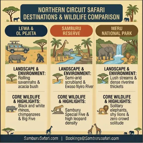 Infographic comparing landscapes and core wildlife for Lewa, Ol Pejeta, Samburu Reserve, and Meru National Park safaris.