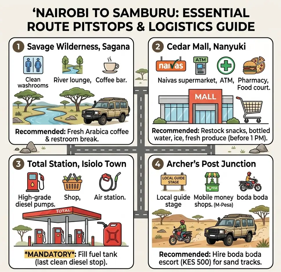 An infographic titled "NAIROBI TO SAMBURU: ESSENTIAL ROUTE PITSTOPS & LOGISTICS GUIDE" showing recommended stops at Savage Wilderness, Cedar Mall, Total Station Isiolo, and Archer's Post.