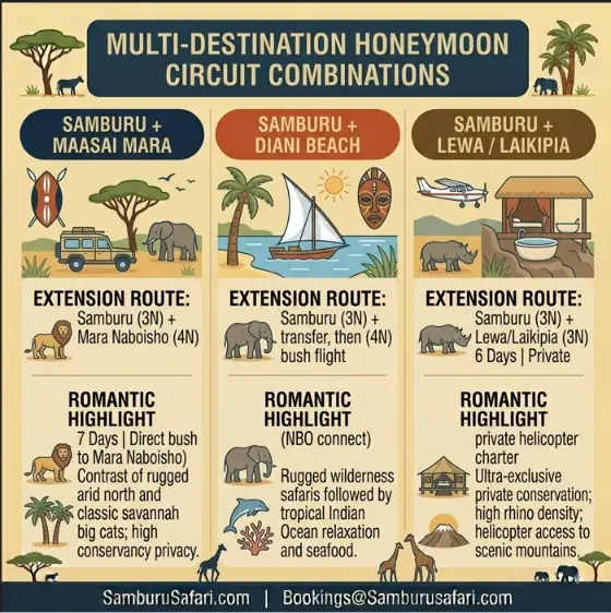 Infographic comparing multi-destination Kenya honeymoon circuits combining Samburu with the Maasai Mara, Diani Beach, or Laikipia conservancies.