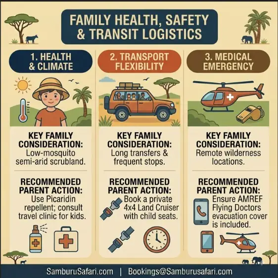 Infographic covering health climate transport flexibility and medical emergency considerations for family safaris in Samburu.
