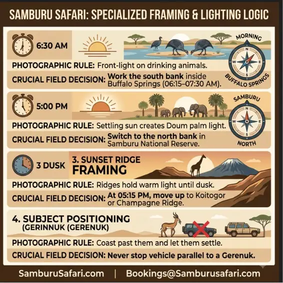Infographic detailing river lighting axes by time, ridge framing rules, and specialized gerenuk positioning logic.