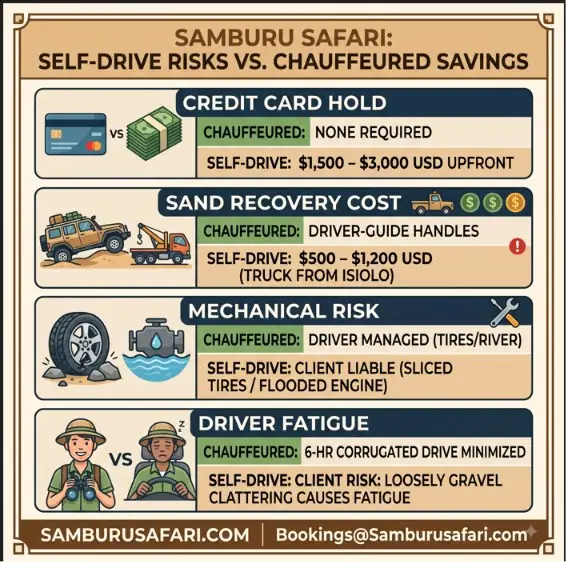 Infographic comparing safari costs and risks: Self-drive up-front hold vs. chauffeured savings and driver management.