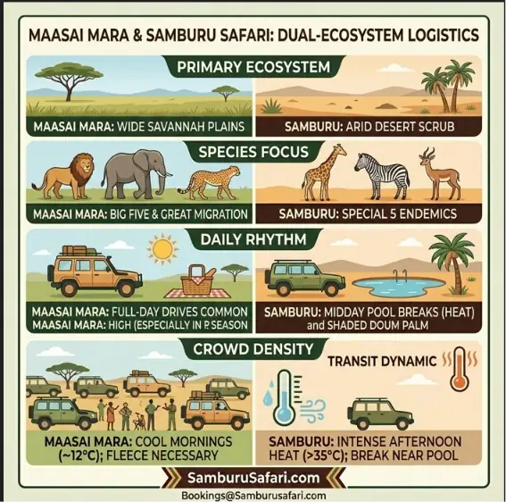 Infographic comparing Maasai Mara and Samburu logistics including ecosystems, wildlife, daily rhythms, crowd density, and temperatures.