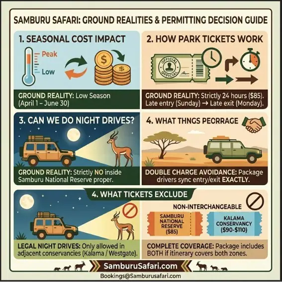 Infographic guide to Samburu safari realities: low season savings, 24-hour permits, night drives, and conservancy fees.