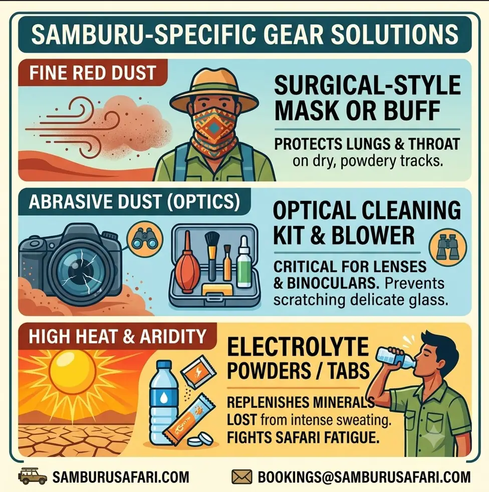 A square infographic titled 'Samburu-Specific Gear Solutions', illustrates essential items for handling fine red dust (masks), abrasive dust on optics (cleaning kits), and high heat & aridity (electrolytes). Includes SamburuSafari.com branding.