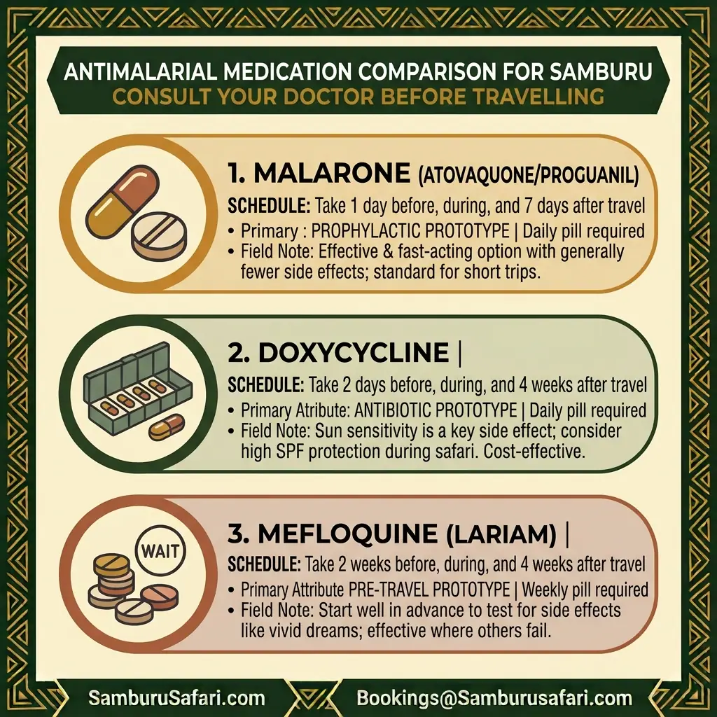 Square infographic comparing Malarone, Doxycycline, and Mefloquine dosing schedules and field notes for Samburu safaris.