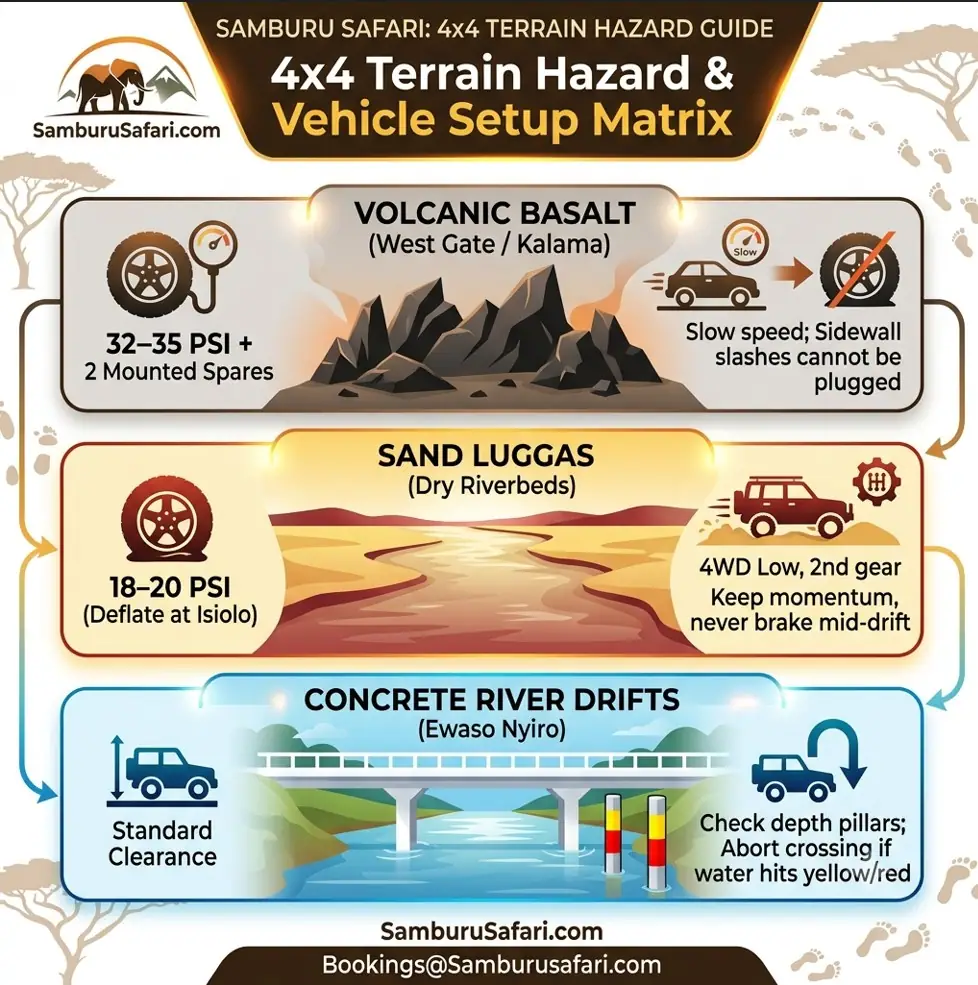 Self drive Samburu 4x4 terrain hazard guide showing tire PSI, spare requirements, and driving techniques for sand, basalt, and river drifts.