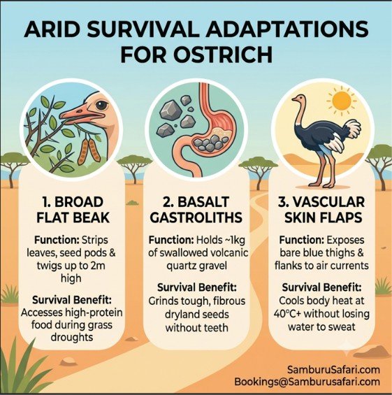 Infographic showing Somali ostrich adaptations: beak for browsing, gizzard stones, and vascular cooling.