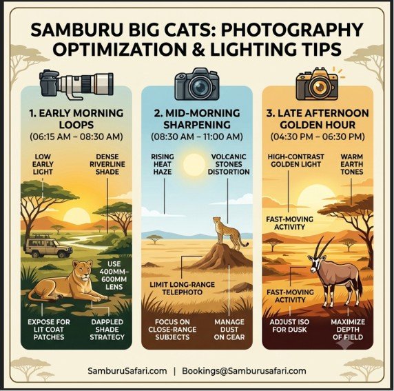 Infographic offering photography tips for Samburu big cats, including lighting strategies and lens choices for different times of day.