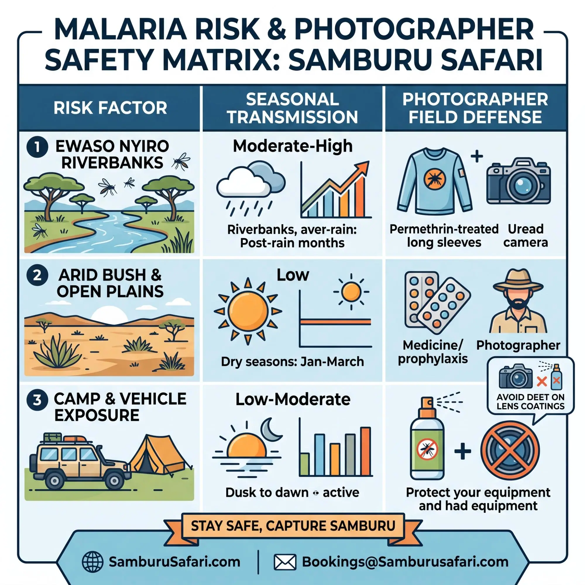Infographic matrix detailing malaria risk factors, transmission levels, and prevention tips for Samburu photographers. (16 words)