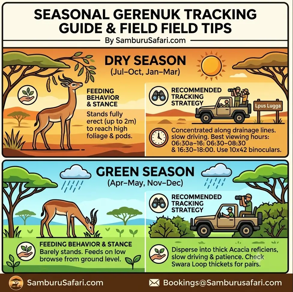 An infographic comparing Gerenuk antelope tracking in dry and green seasons, listing months, behaviors, and strategy adjustments.