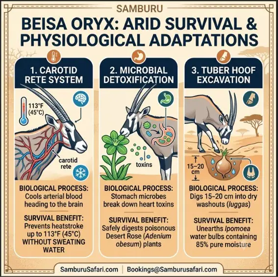 Infographic showing Beisa oryx survival adaptations: carotid rete cooling, plant detoxification, and digging for water tubers.