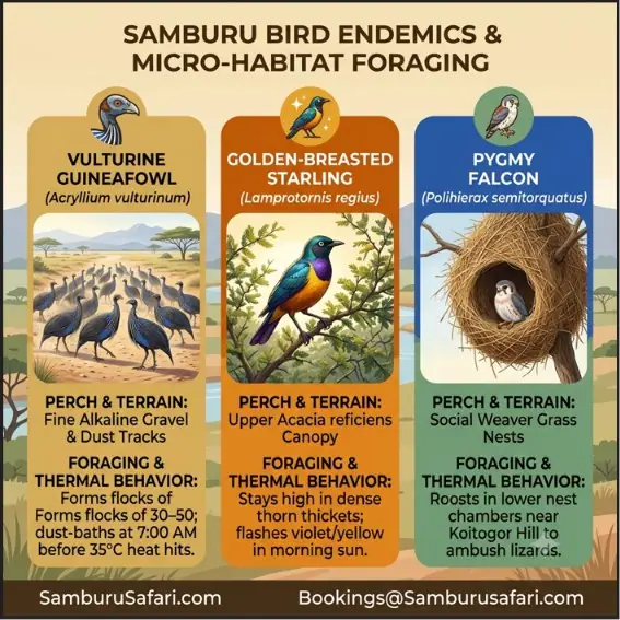 Infographic showing foraging habits of Samburu's Vulturine Guineafowl, Golden-breasted Starling, and Pygmy Falcon.