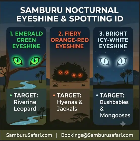 Infographic guide to identifying Samburu night animals like leopards and hyenas by their unique eyeshine colors.