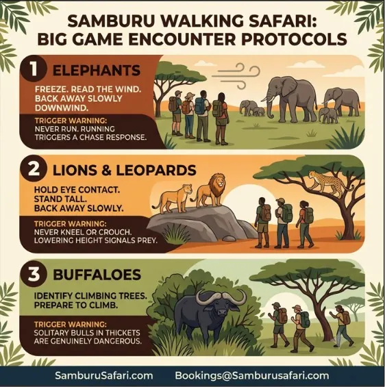 Infographic outlining big game safety protocols for encountering elephants, lions, and buffaloes on a Samburu walking safari.