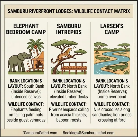 Infographic comparing Samburu riverfront lodges Elephant Bedroom Camp, Samburu Intrepids, and Larsen's Camp based on location and wildlife.