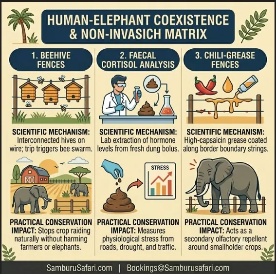 Infographic comparing beehive fences, faecal cortisol analysis, and chili-grease fences for non-invasive elephant conservation and research.