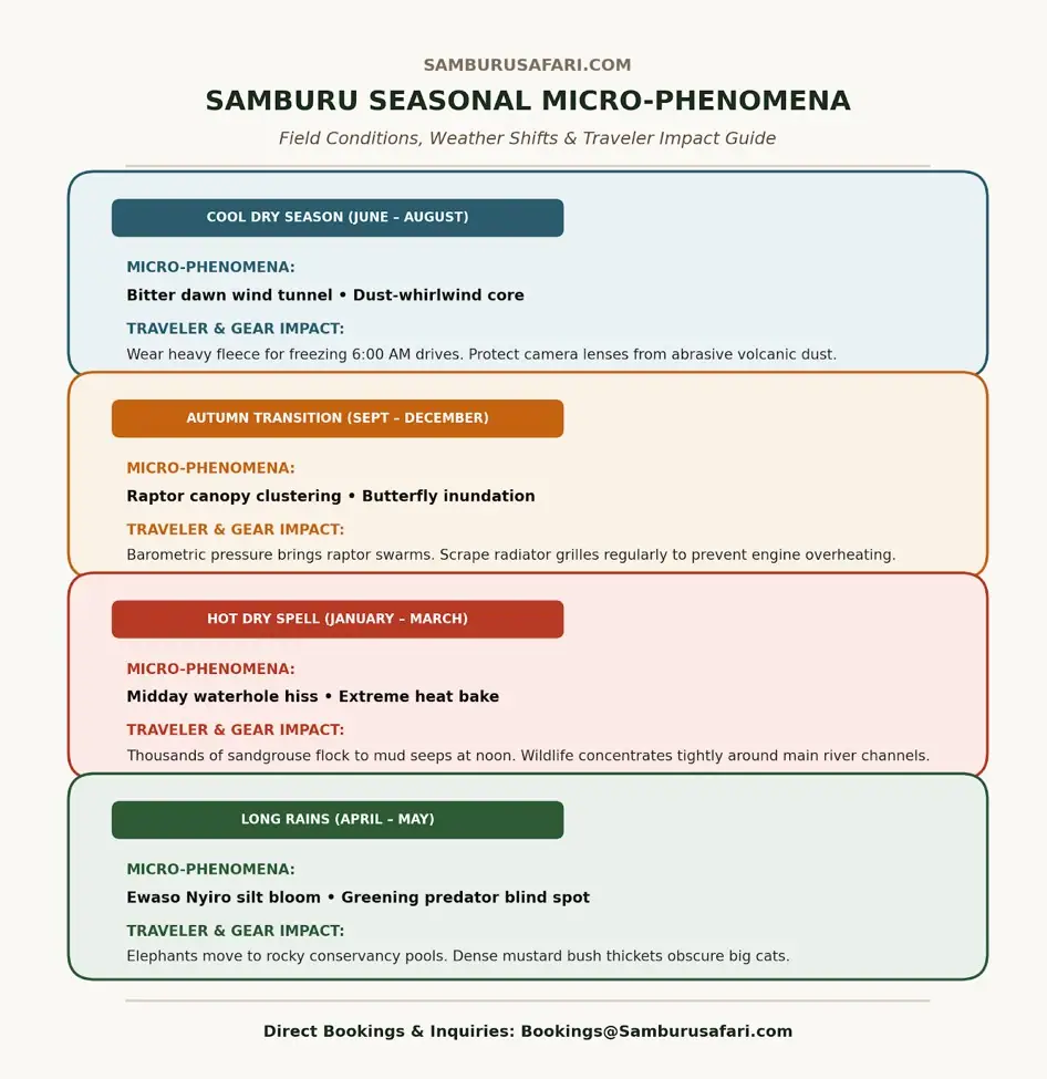 Infographic detailing Samburu seasonal micro-phenomena, weather shifts, and safari gear impacts.