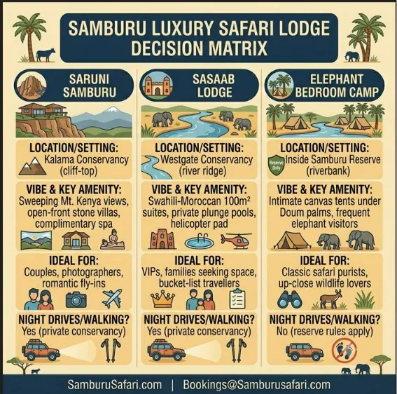 Infographic decision matrix comparing location, amenities, best-fit guests, and night drive rules across top Samburu luxury lodges.