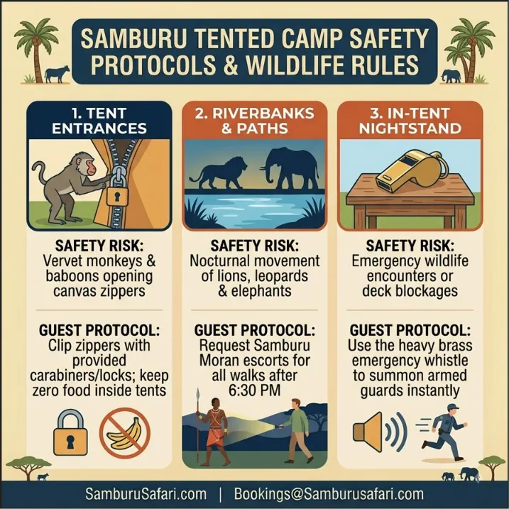 Infographic detailing zipper locks, night Moran escorts, and brass emergency whistles for Samburu tented camp safety.