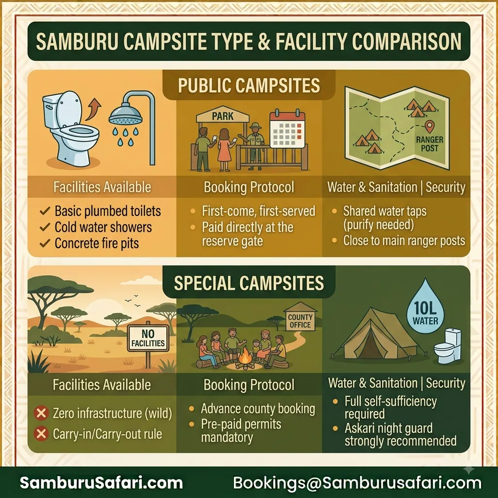 Square infographic comparing public campsites with basic facilities against wild, zero-facility special campsites in Samburu.